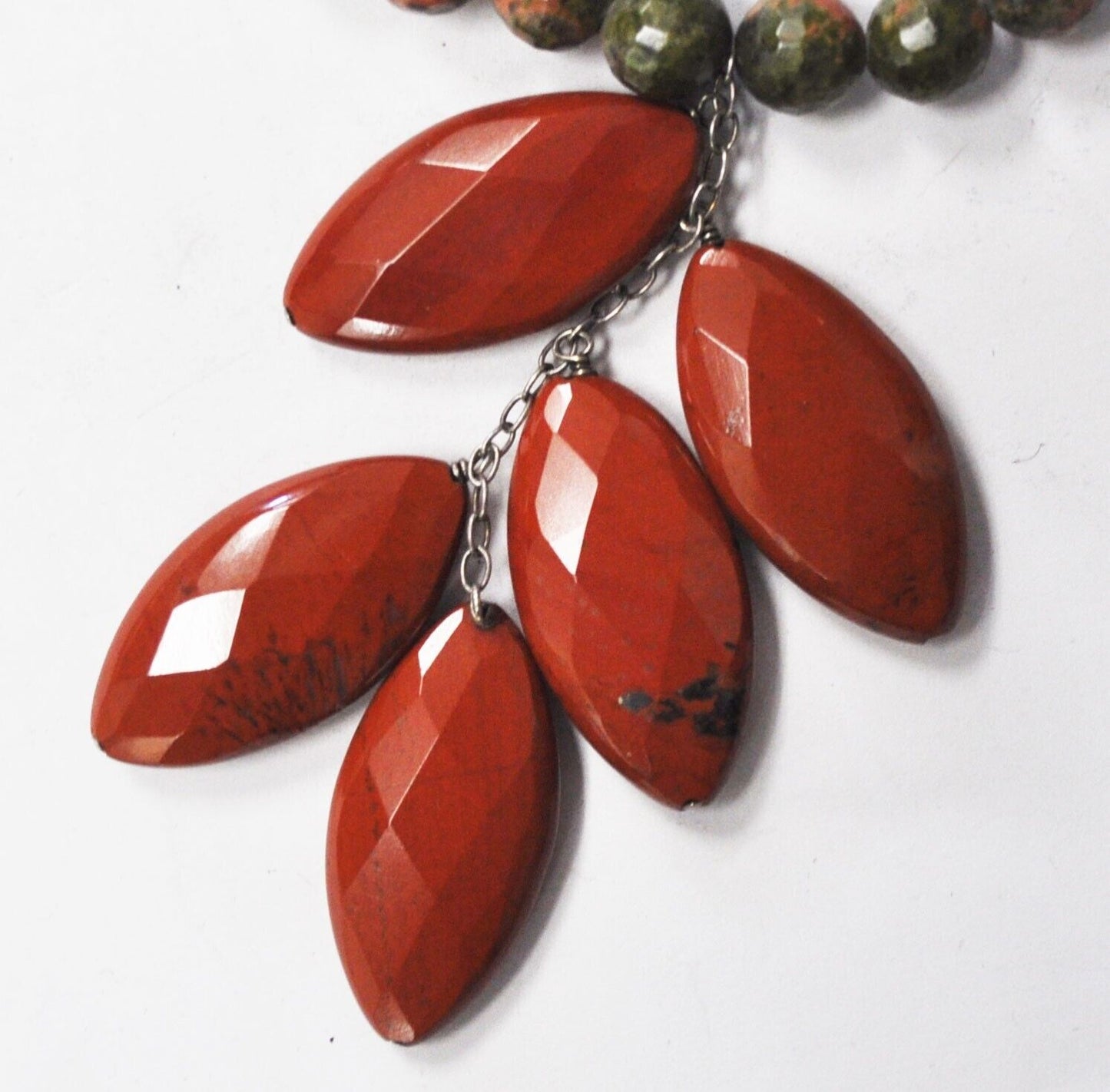 Sterling 8mm Unakite Bead 30mm Red Jasper Faceted Stones Bead 17.5" Necklace