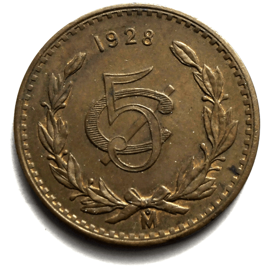 1928 Mexico Estados Unidos Mexicanos 5 Five Centavos Coin KM#422 Small Date
