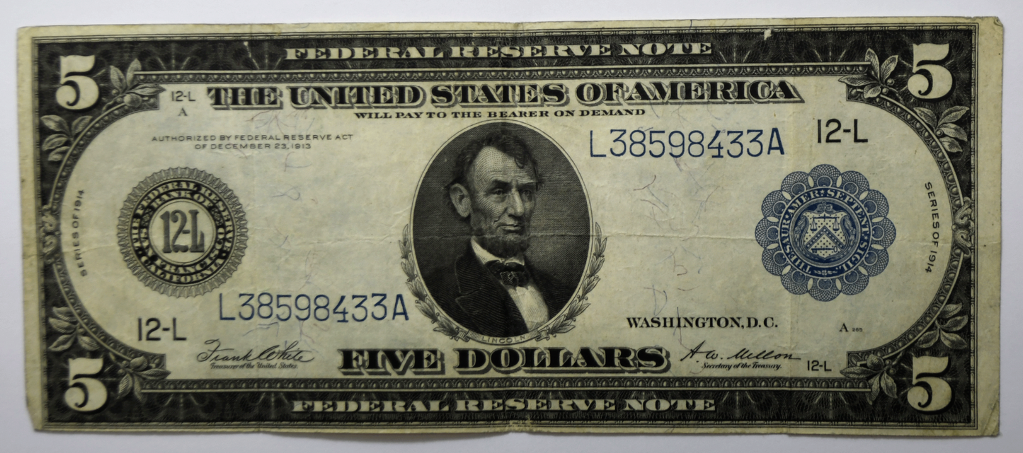 1914 $5 Federal Reserve Note L38598433A San Francisco Fr#891A