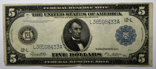 1914 $5 Federal Reserve Note L38598433A San Francisco Fr#891A