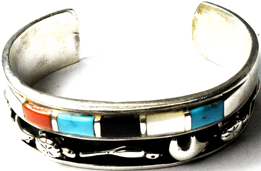 Sterling Turquoise Coral Inlay Bear Turtle Bird Cuff Bracelet 17mm 6-1/2" Wrist
