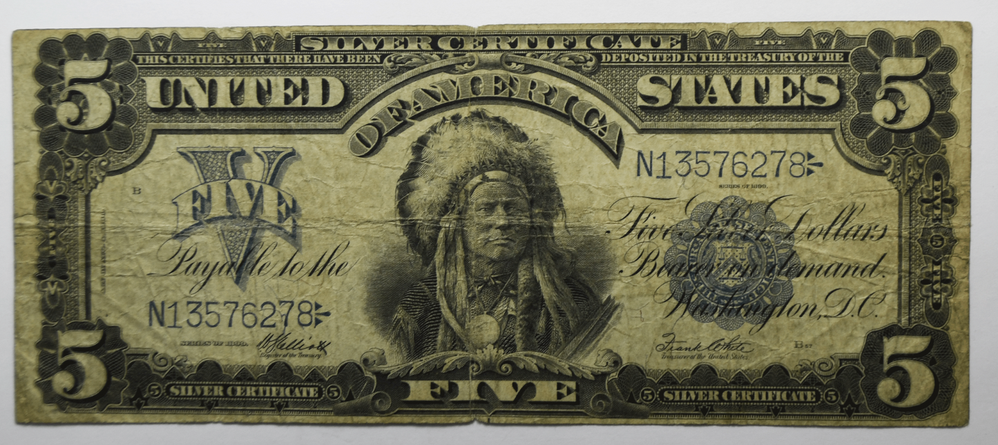 1899 $5 Indian Chief Silver Certificate Large Note Blue Seal N13576278 Fr#280m