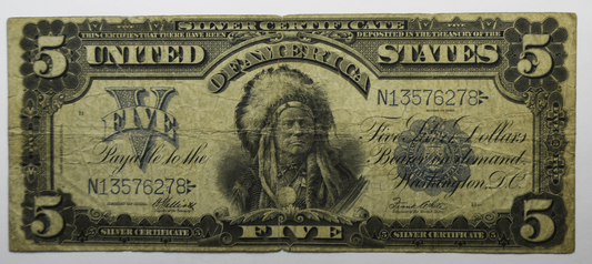 1899 $5 Indian Chief Silver Certificate Large Note Blue Seal N13576278 Fr#280m