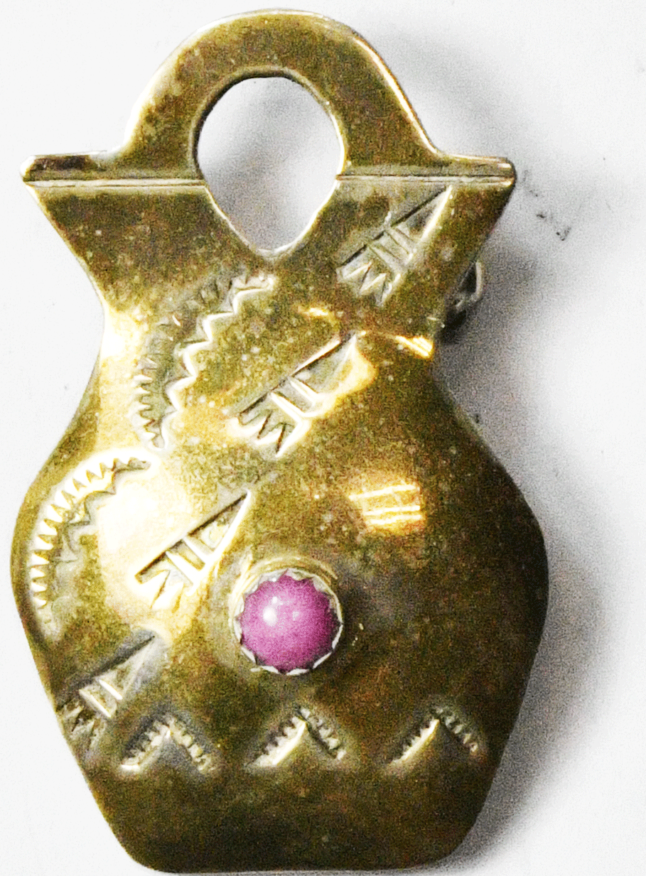 Sterling Silver D/T Emery Pink Aventurine Pot Urn Toned Brooch Pin 42mm x 26mm