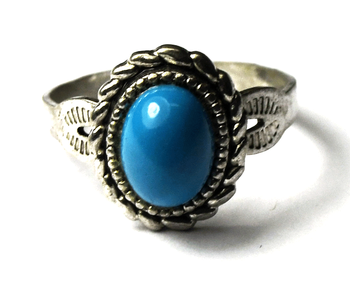 Sterling Silver Vintage Uncas Faux Turquoise Ring 12mm Solitaire Size 6