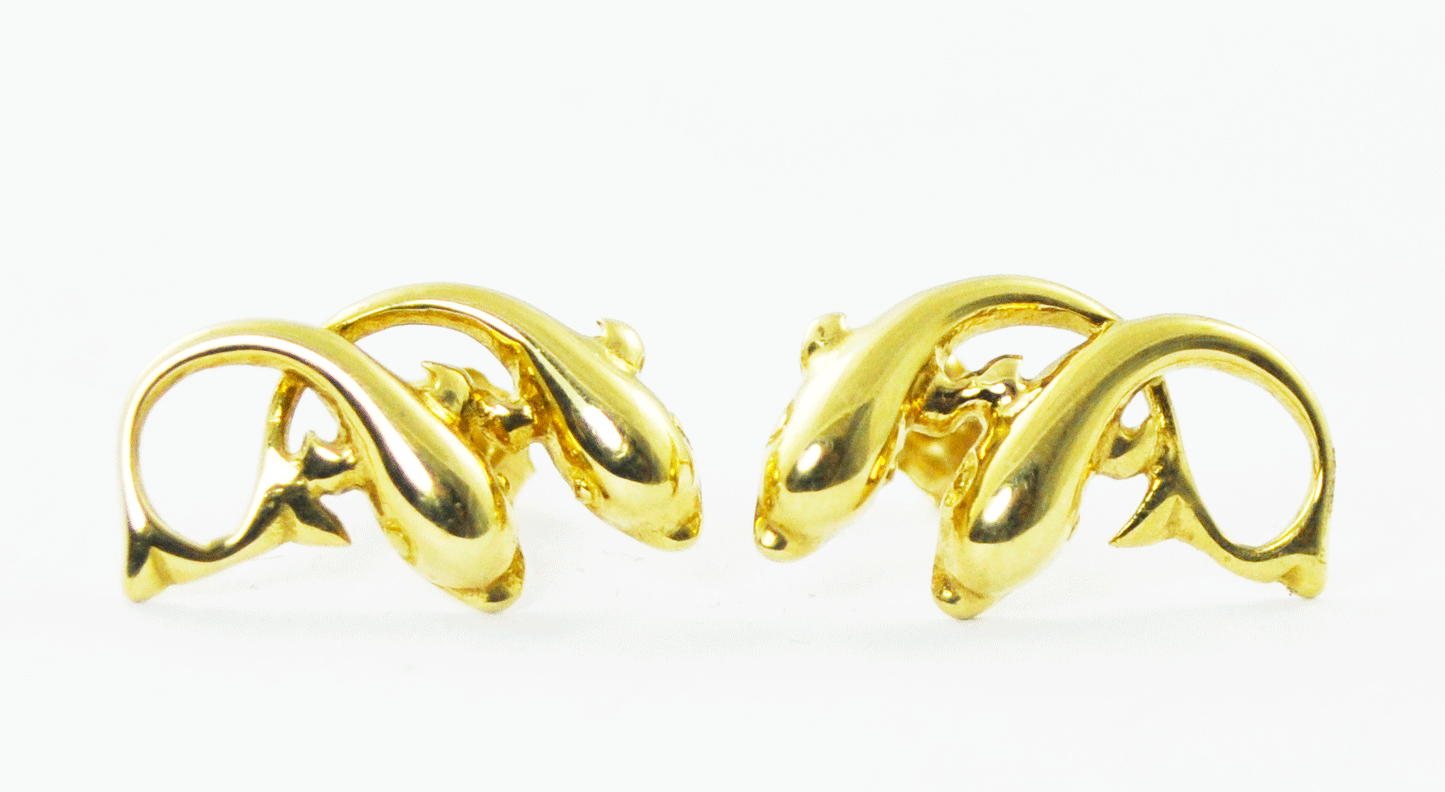 Beautiful 14k Yellow Gold Double Dolphin Pieced Stud Earrings 17mm