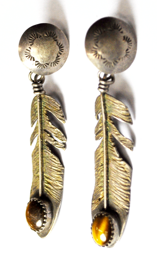 Sterling Silver C Chama Oval Tiger Eye Feather Dangle Etch Earrings 14mm 2-1/4"