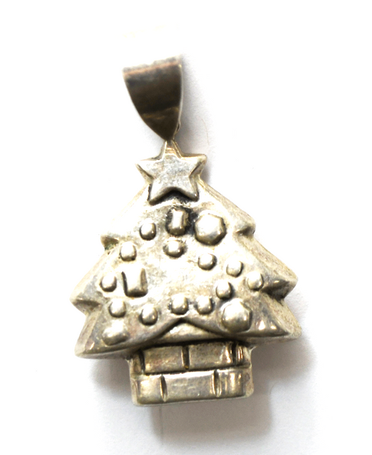 Sterling Silver Puffy Christmas X-mas Tree Pendant 44mm x 26mm