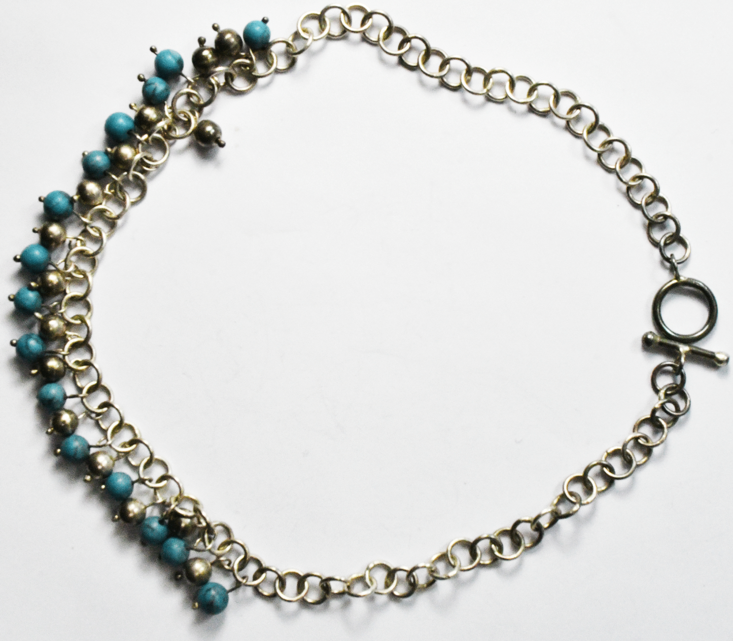 950 Silver Turquoise Blue Bead Ball Cha Cha Necklace Toggle 14mm 15.5"