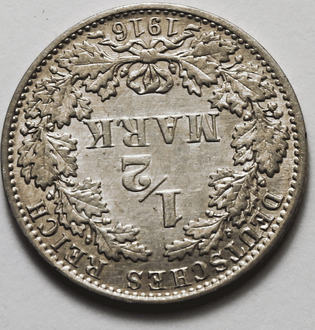 1916 A Germany Empire Silver Half 1/2 Mark Coin KM#17 AU