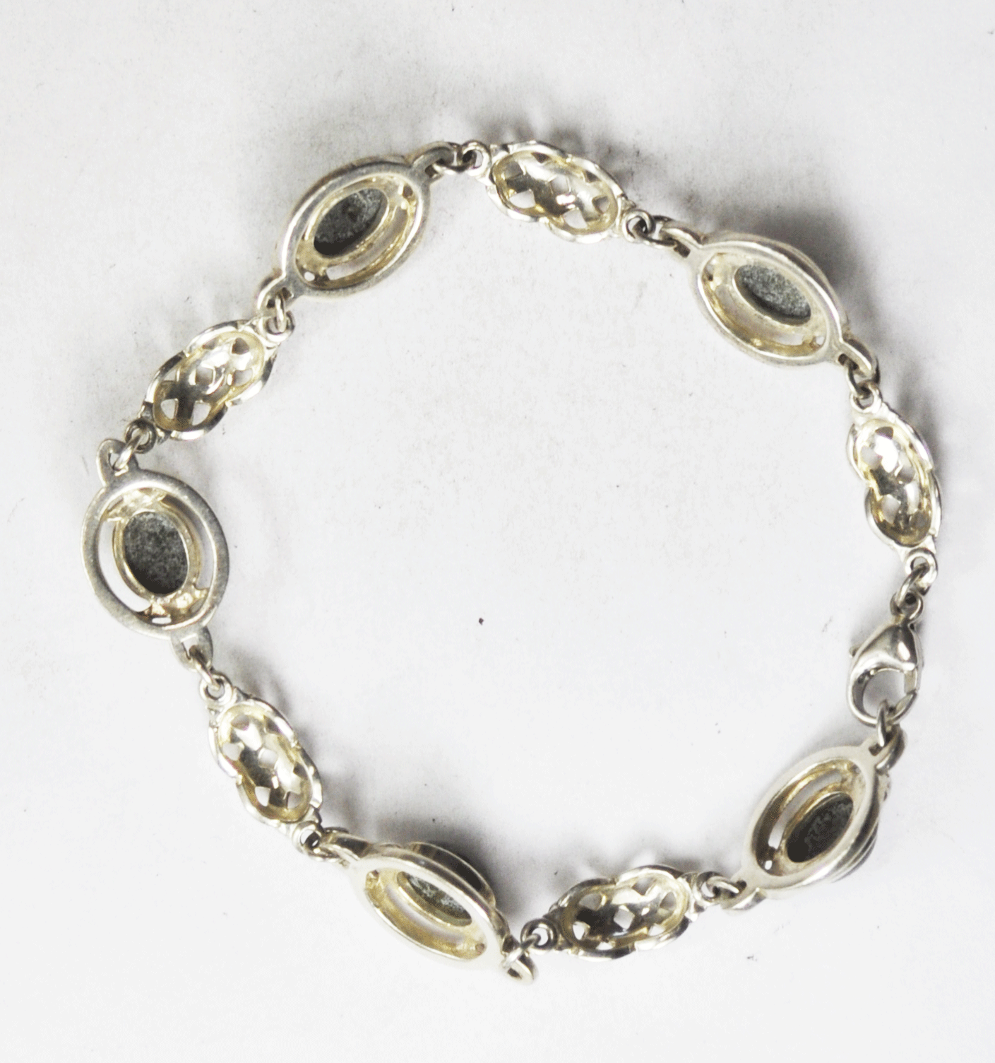 Sterling Silver Green Oval Serpentine Basket Weave Link Bracelet 12mm 7-3/4"
