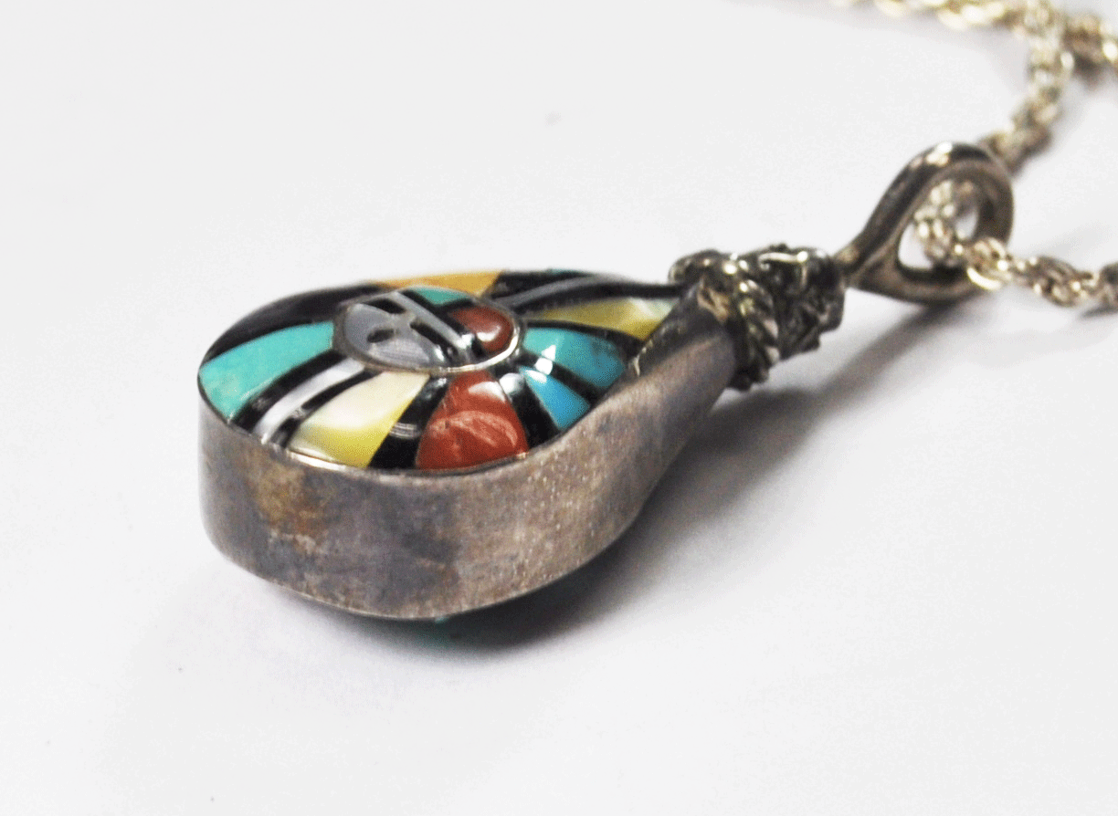 Sterling Silver Sun Inlay Teardrop Pendant Turquoise 1.5" x 16mm Rotating Bale