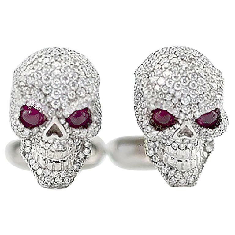 18kt Solid Gold and 3.5 Carat Diamond Skull Cufflinks w/Ruby Eyes 23.8 Grams