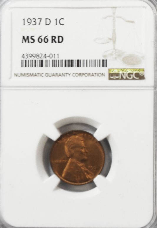 1937 D 1c Lincoln Wheat Penny One Cent NGC MS 66 RD Denver
