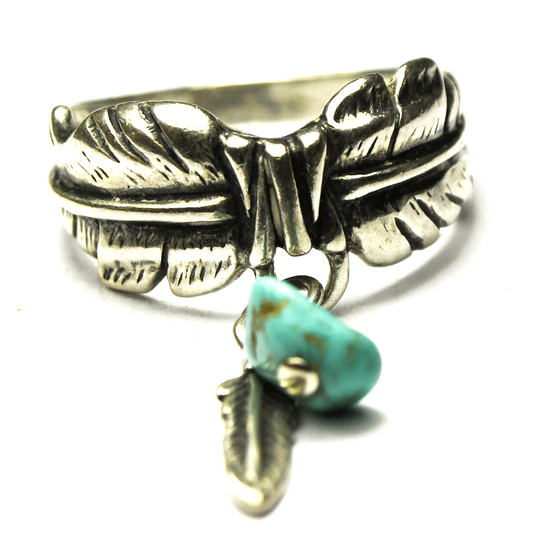 Sterling Silver Shubes Feather Turquoise Dangle Ring 10mm Size 9