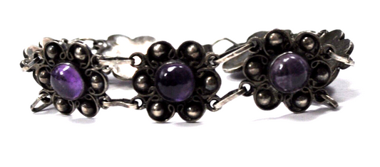 Vintage Mexico Sterling Silver Amethyst Flower Bracelet 17mm 7"