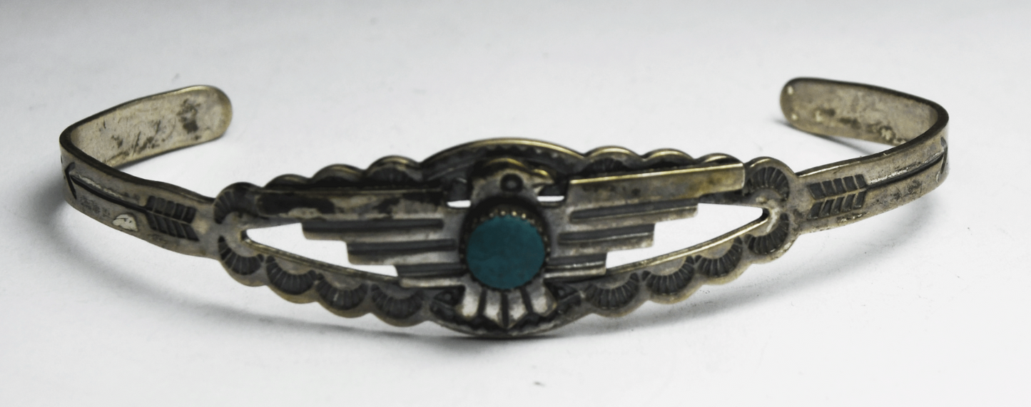 Sterling Silver Antique Thunderbird Turquoise Dot Cuff Bracelet 15mm 7" Wrist