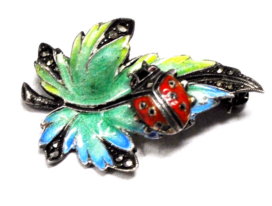 Germany Leaf Ladybug Sterling Silver Colorful Enamel Brooch 36x23mm Marcasite