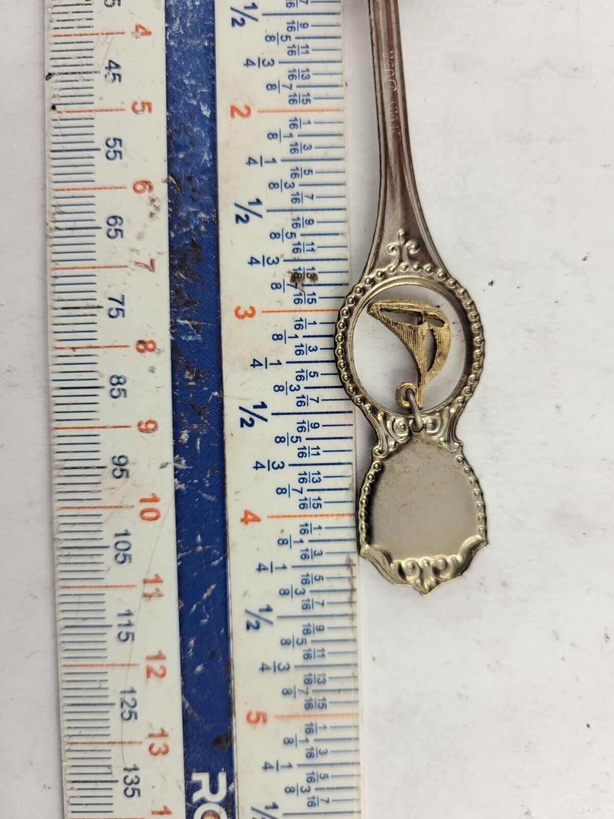 Vintage Souvenir Spoon New Jersey Enameled Gold Tone Sailboat Newark Trenton