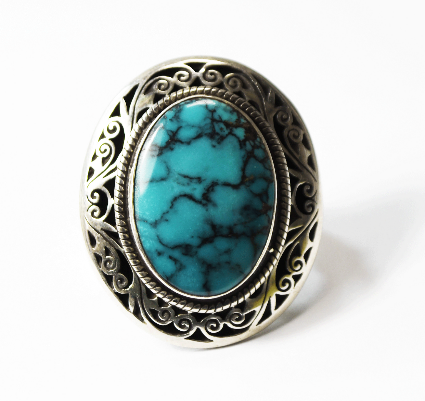Sterling Silver Spiderweb Turquoise Large Oval Ring 38mm Size 8-1/2