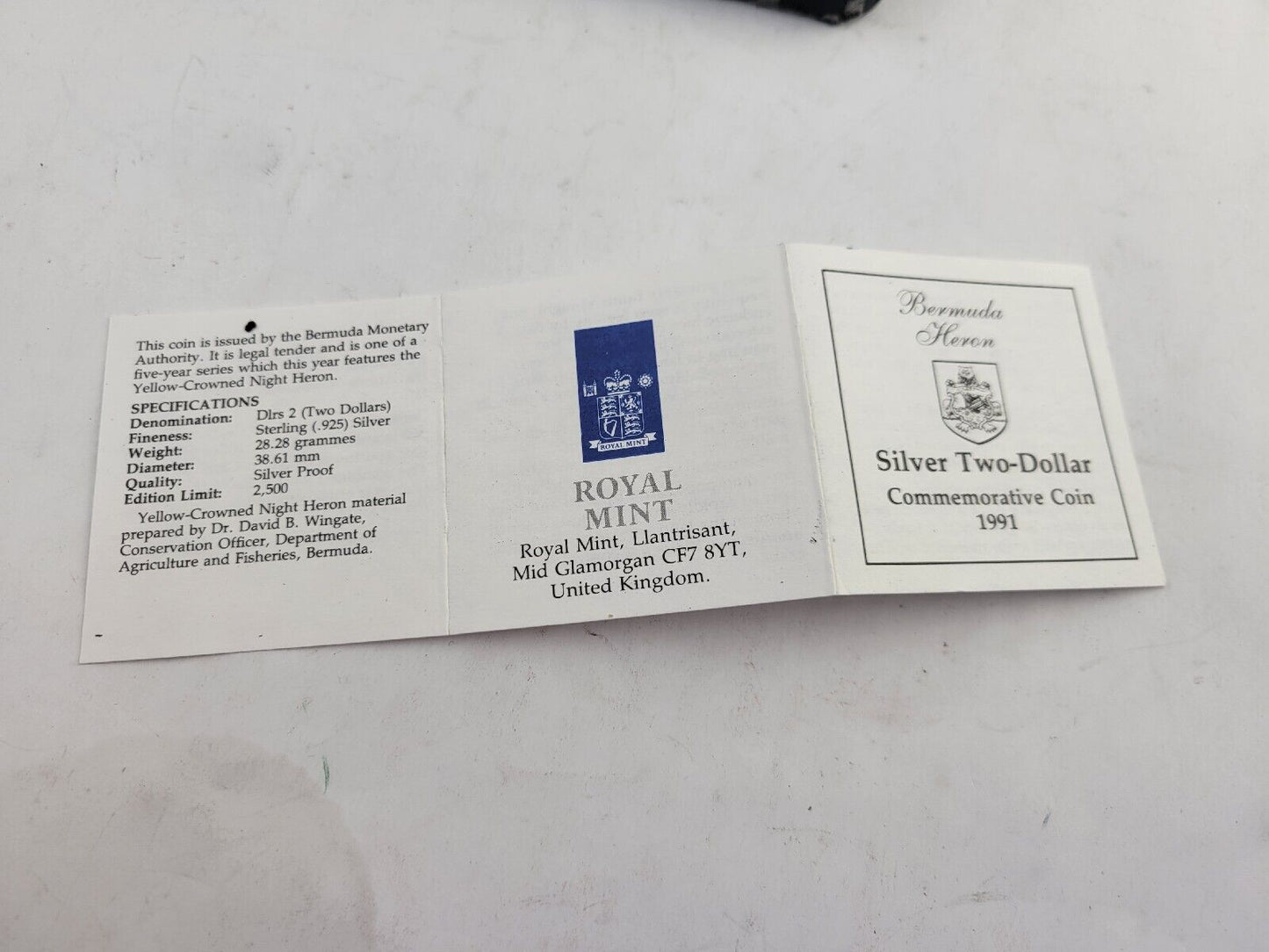 1991 Bermuda Silver 2 Dollars  Yellow Crowned Night Heron