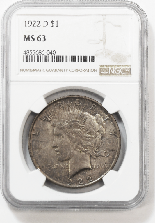 1922 D $1 Peace Silver One Dollar US Denver MS 63 45° CW Rotated Die Error