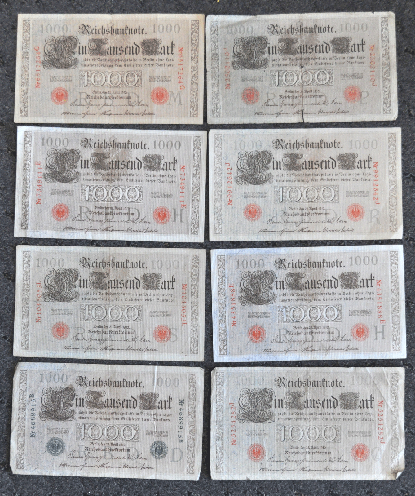 Lot of 8 1910 Germany 1000 Thousand Mark Notes 7 Red 1 Green Seal