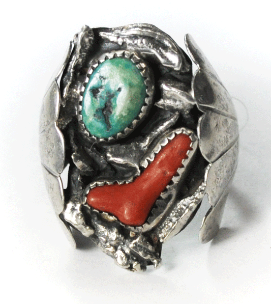 Antique Sterling Turquoise & Coral Feather Edge Abstract 31mm Ring Size 7