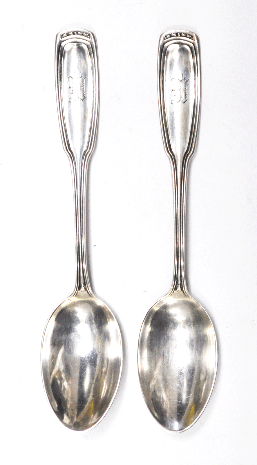 Sterling Pair of Whiting Teaspoon Spoons 5-1/4" Fish Symbol Square Handle W Mono