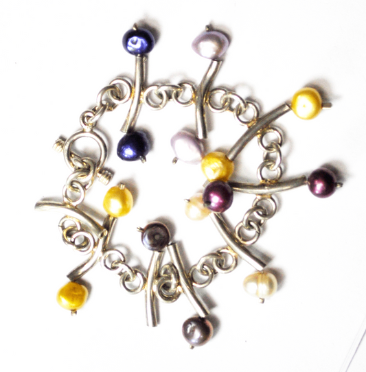 Sterling Silver Bone Color Pearl Bar Chain Link Toggle 40mm Bracelet 7"