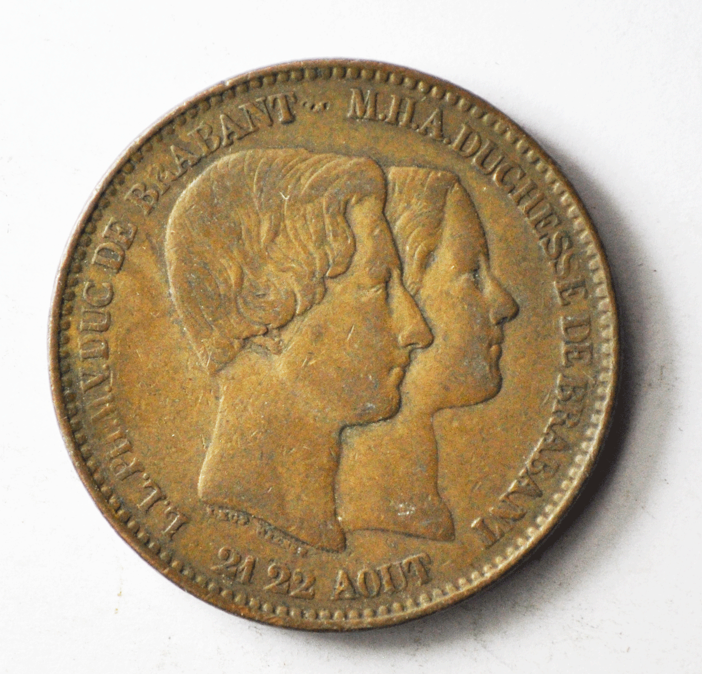 1853 Belgium Bronze Wedding Commemorative Medal Duke Duchess Brabant