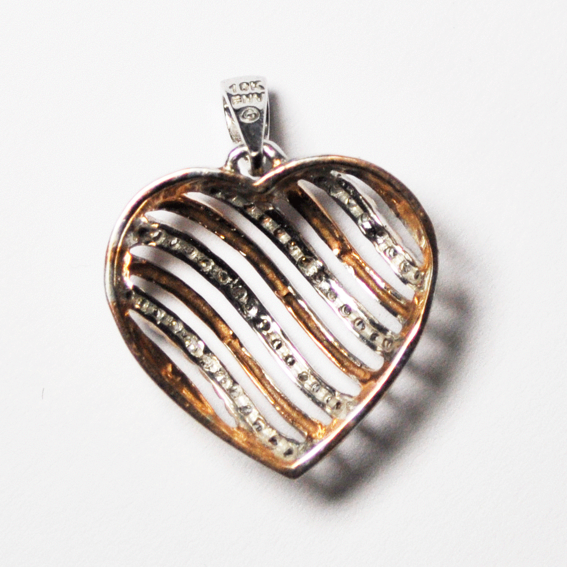 10k Rose Gold & .25ct Diamond Stripe Heart Pendant 24mm Domed Filigree Wire