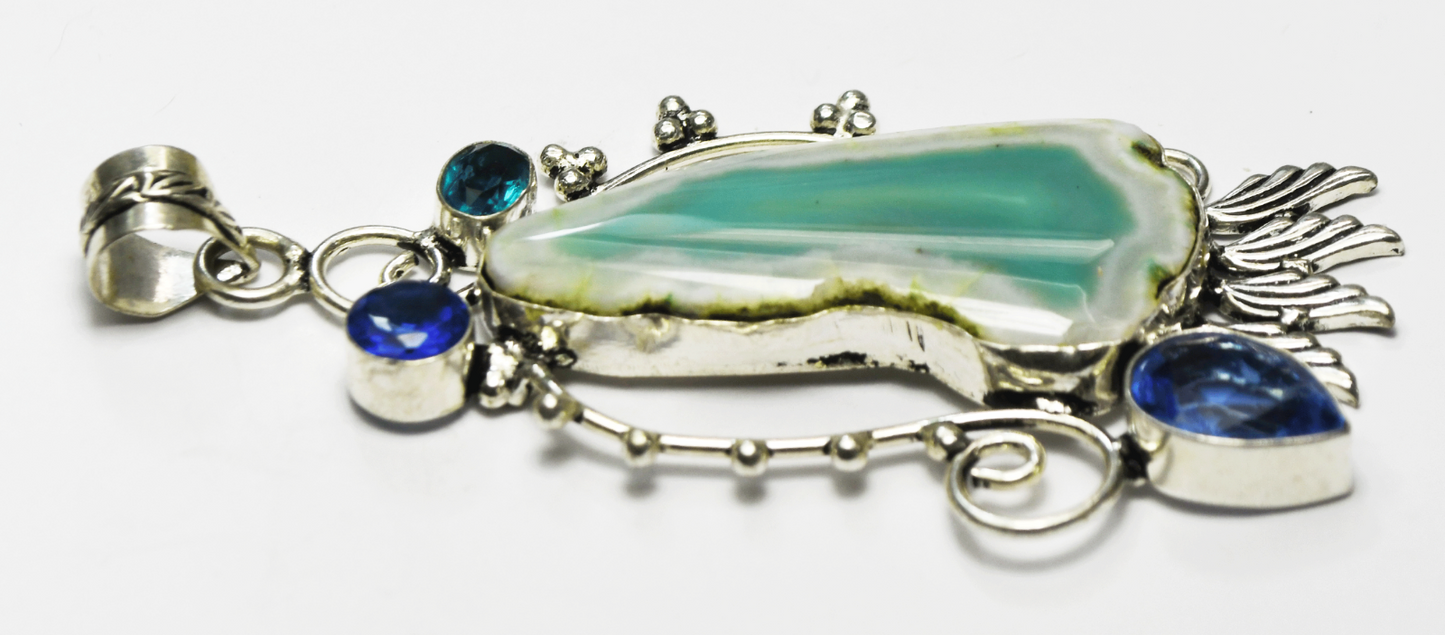 Sterling Silver Large Blue & White Agate Floral Vine Pendant 3.5" x 46mm