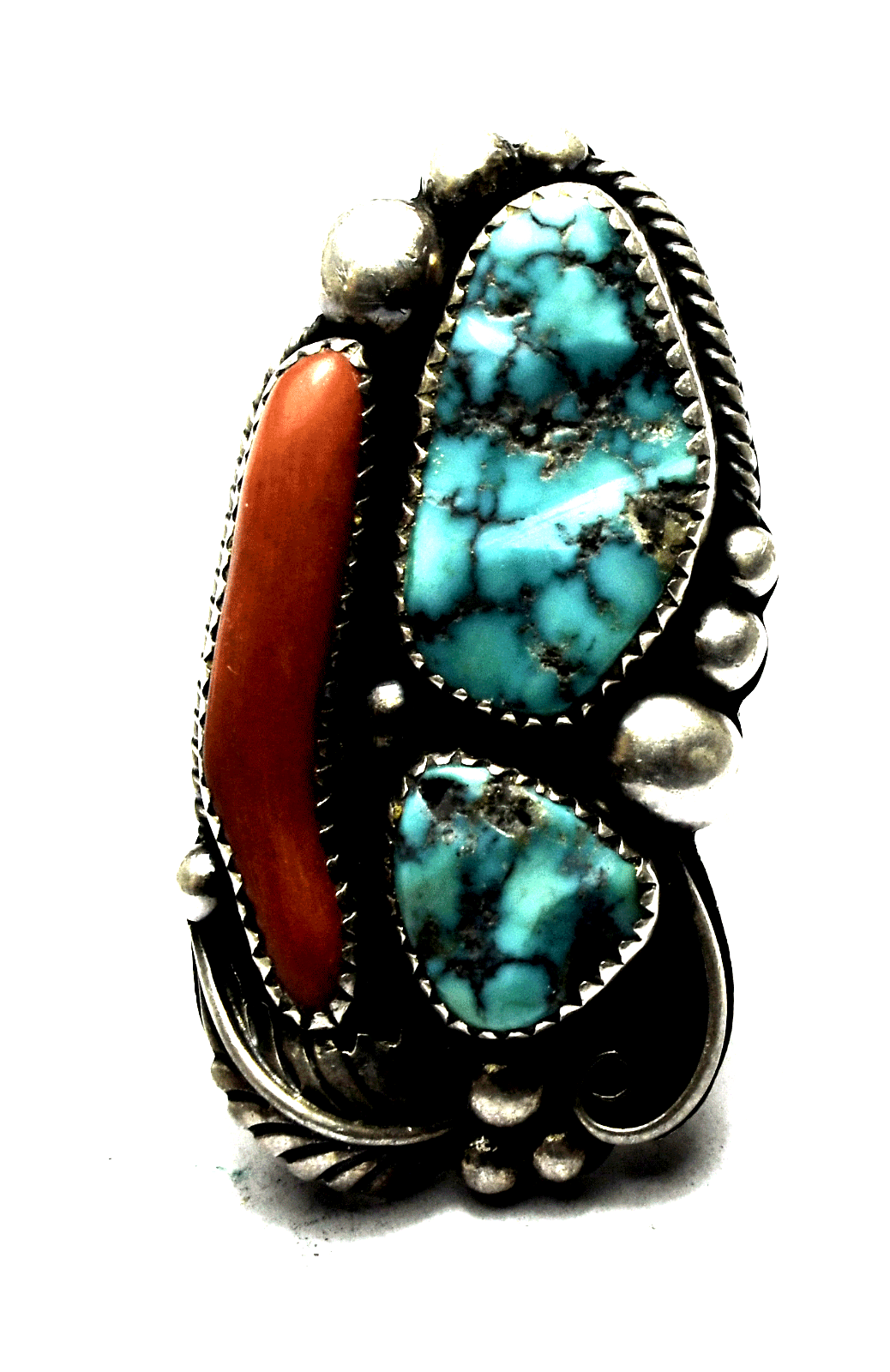 Sterling Silver Orville Tsinnie Turquoise & Coral Ring 47mm Size 8-1/2