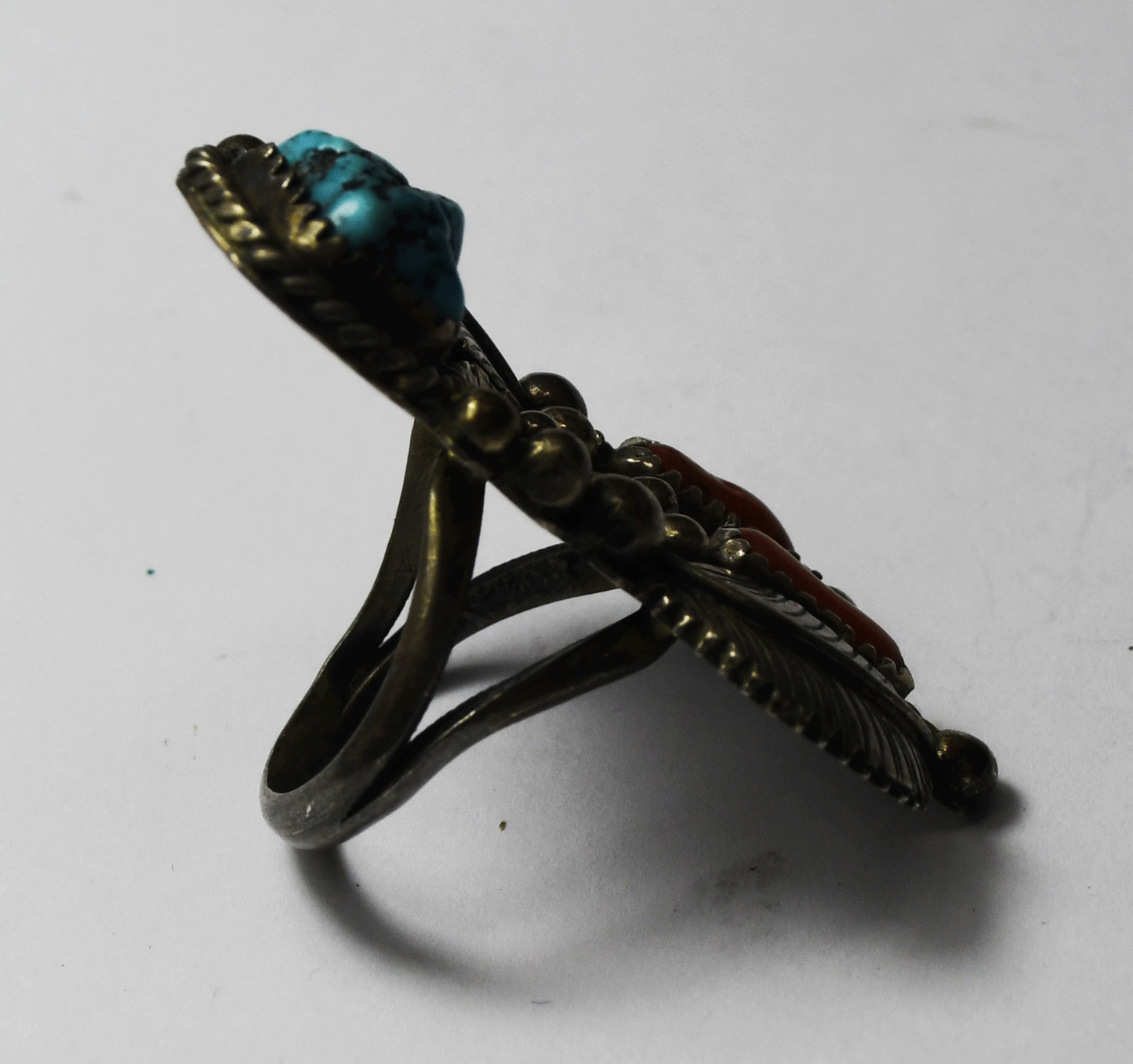 Sterling Silver Turquoise & Coral Ring 41mm Size 6-1/2