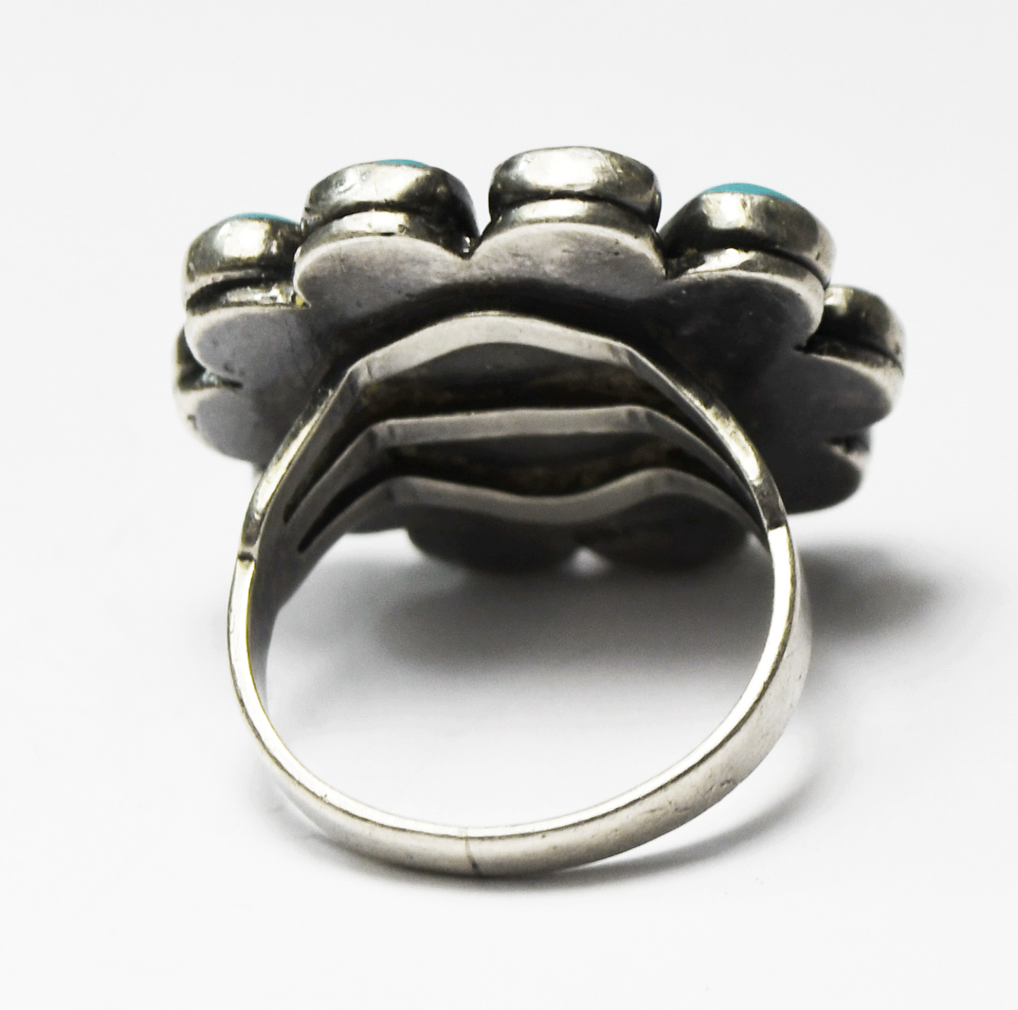 Antique Sterling Silver Turquoise Flower Ring 28mm Size 7