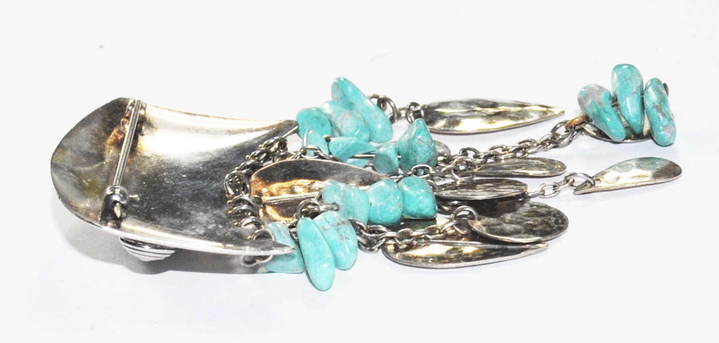 Silver Plated Turquoise Modernist Leaf Chunk Dangle Brooch Pin 1-3/4" x 3-3/4"
