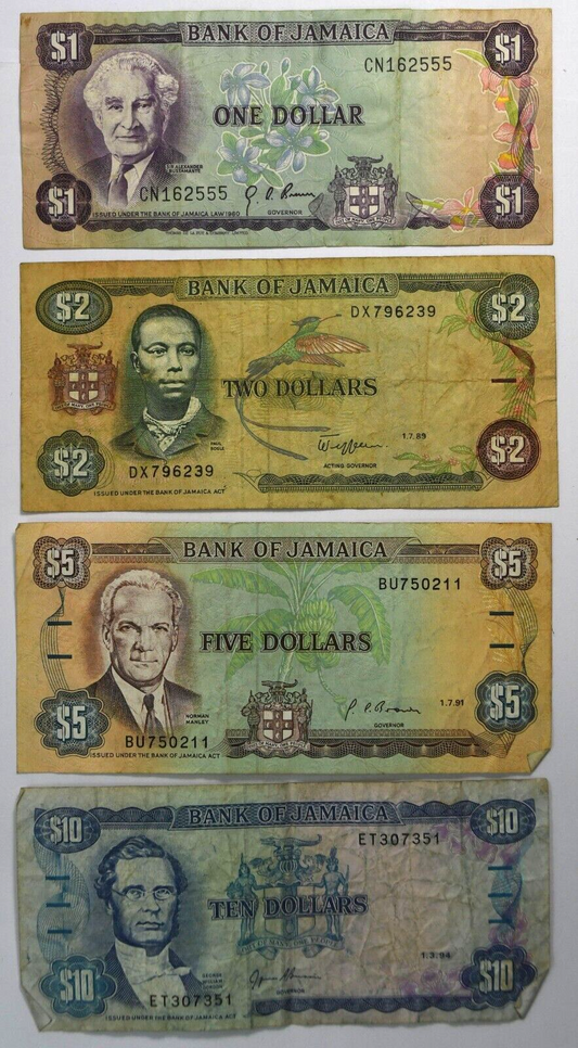 1970-1994 Jamaica $1 $2 $5 & $10 One Two Five Ten Dollars Banknotes Circulated