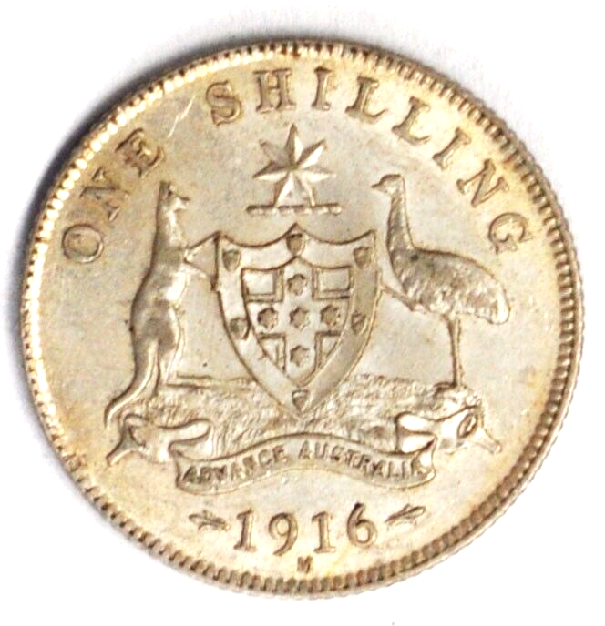 1916 M Australia One Shilling Silver Coin AU Rare KM#26