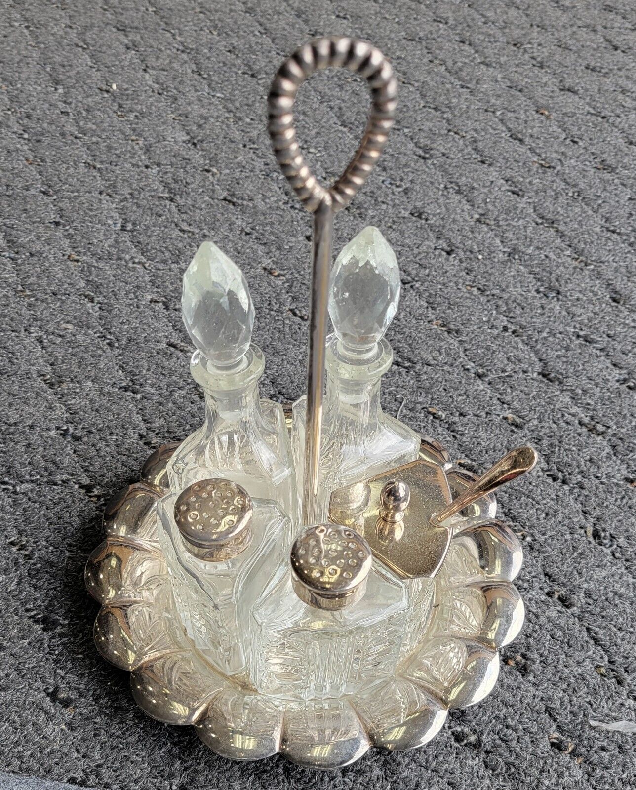 6pc. Vintage Silver Plated Condiment Serving Set/Caddy  Salt Pepper Oil Vinegar