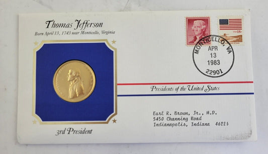 T Jefferson Presidential Covers Medal Postal Commemorative Society Gold Plated