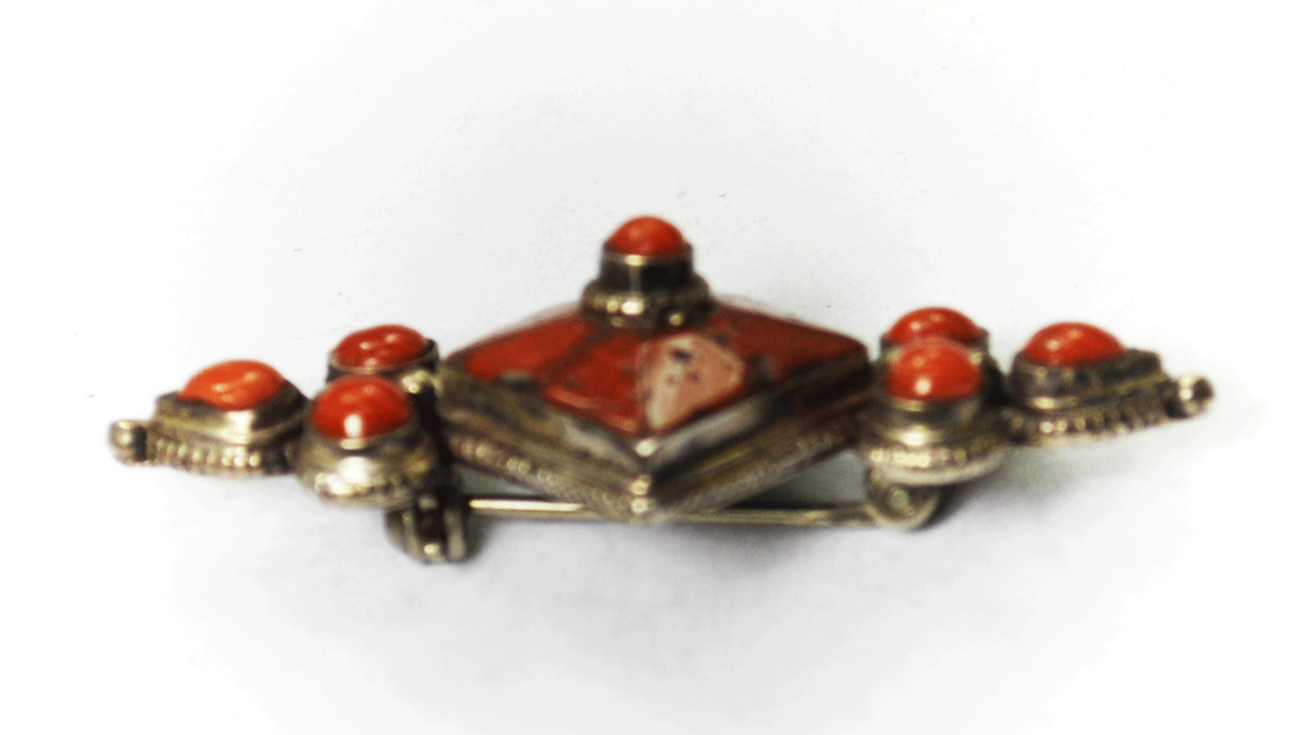 Elegant Sterling Silver Dark Orange Natural Coral Inlay Dot Brooch Pin 2" x 20mm