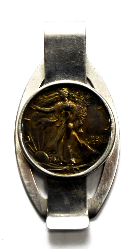 1945 50c Walking Liberty Silver Half Dollar Stainless Money Clip 2-3/4" x 1-3/8"
