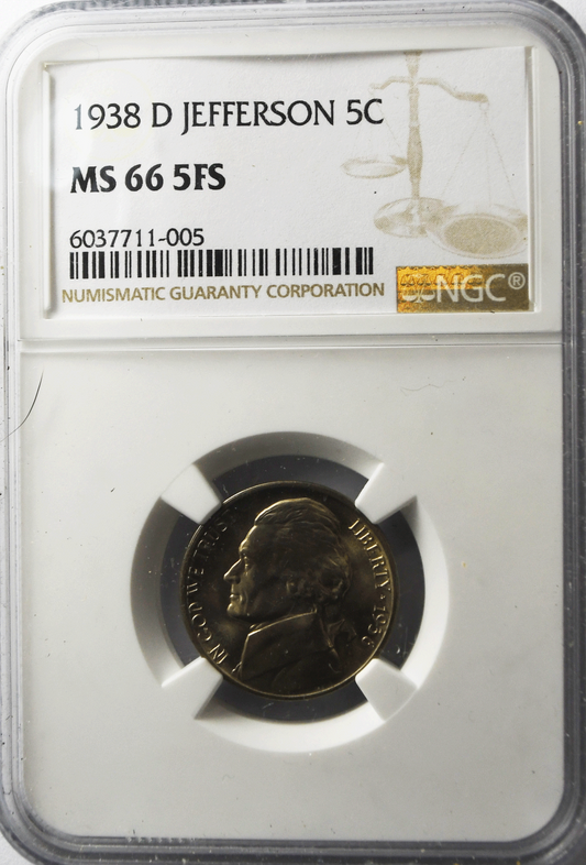 1938 D 5c Jefferson Nickel Five Cents NGC MS66 5 FS  BU Denver