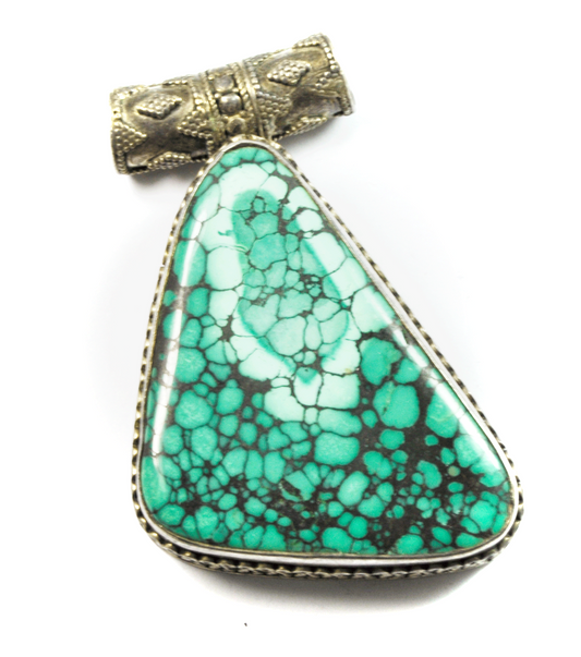 Large Heavy Turquoise Triangle Ornate Bale Slider Pendant Heavy Thick 2.5"