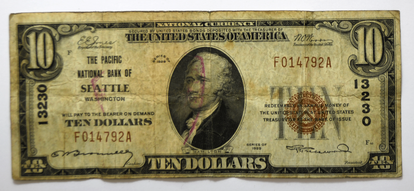 1929 $10 Ten Dollars National Currency Note 13230 Seattle Washington F014792A