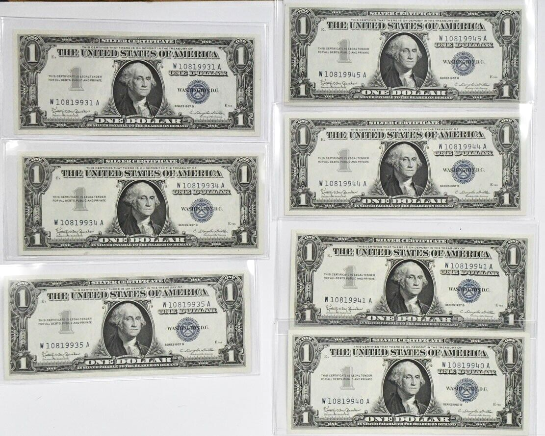 7 1957B $1 Silver Certificate Notes Sets of Sequential Uncirculated W10819931A