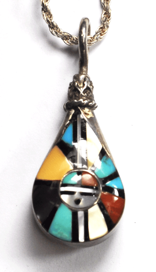 Sterling Silver Sun Inlay Teardrop Pendant Turquoise 1.5" x 16mm Rotating Bale