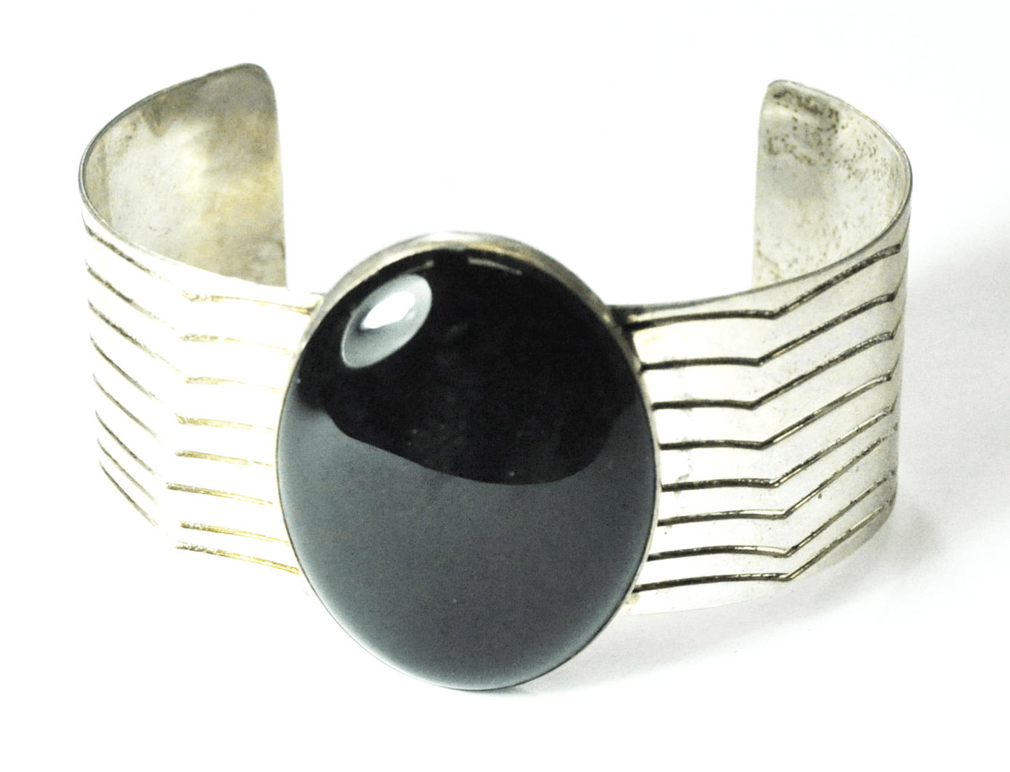 Sterling Oval Onyx Signed A11 Zigzag Stripe Cuff Bracelet 40mm 7-1/4" Wrist