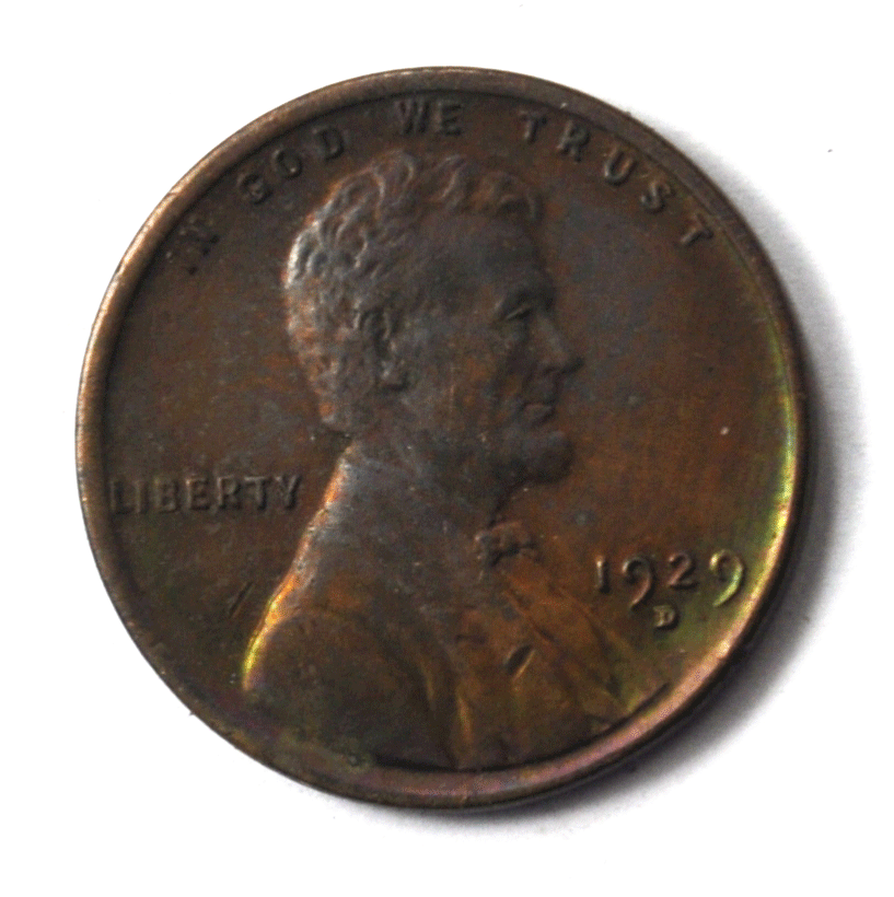 1929 D 1c Lincoln Wheat One Cent Penny Rainbow Toned AU-Unc